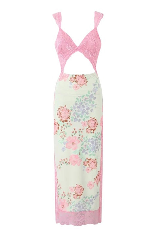 Sexy V Neck Cutout Lace Mesh Sleeveless Floral Print Split Slip Maxi Dress - Fashionpara