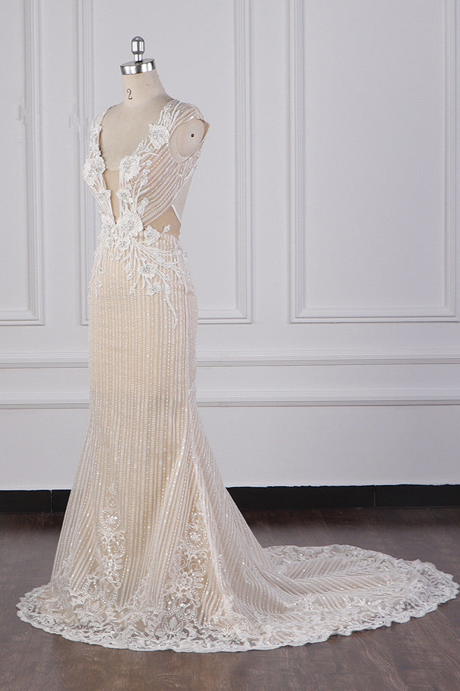 Sexy V-Neck Lace Appliques Wedding Dress Sleeveless Beadings Backless Bridal Gowns On Sale - Fashionpara