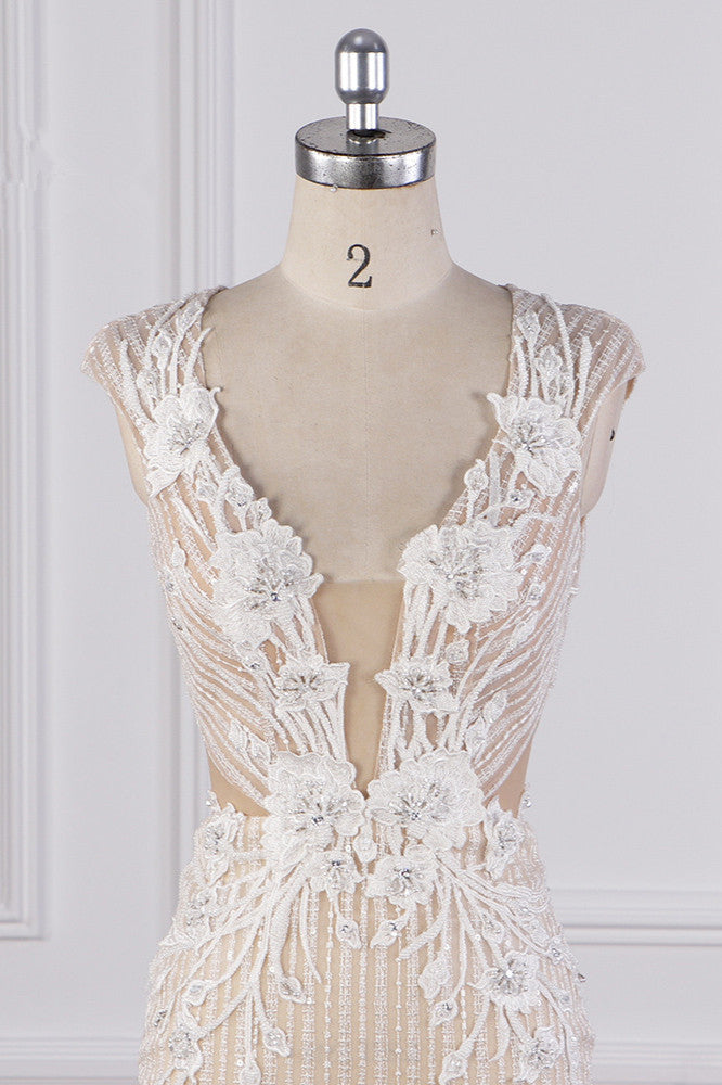 Sexy V-Neck Lace Appliques Wedding Dress Sleeveless Beadings Backless Bridal Gowns On Sale - Fashionpara
