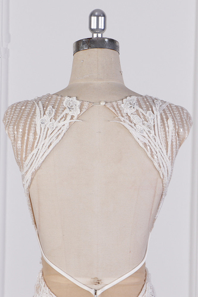 Sexy V-Neck Lace Appliques Wedding Dress Sleeveless Beadings Backless Bridal Gowns On Sale - Fashionpara
