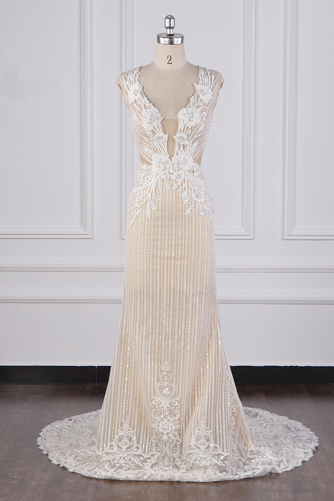 Sexy V-Neck Lace Appliques Wedding Dress Sleeveless Beadings Backless Bridal Gowns On Sale - Fashionpara