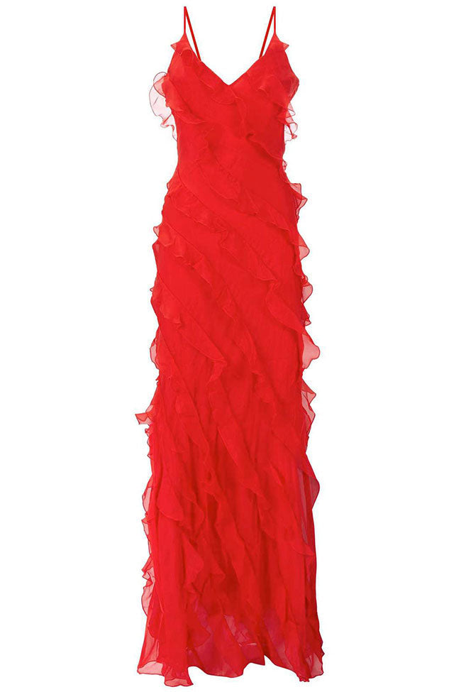 V Neck Spaghetti Strap Split Chiffon Ruffle Slip Maxi Dress - Red - Fashionpara
