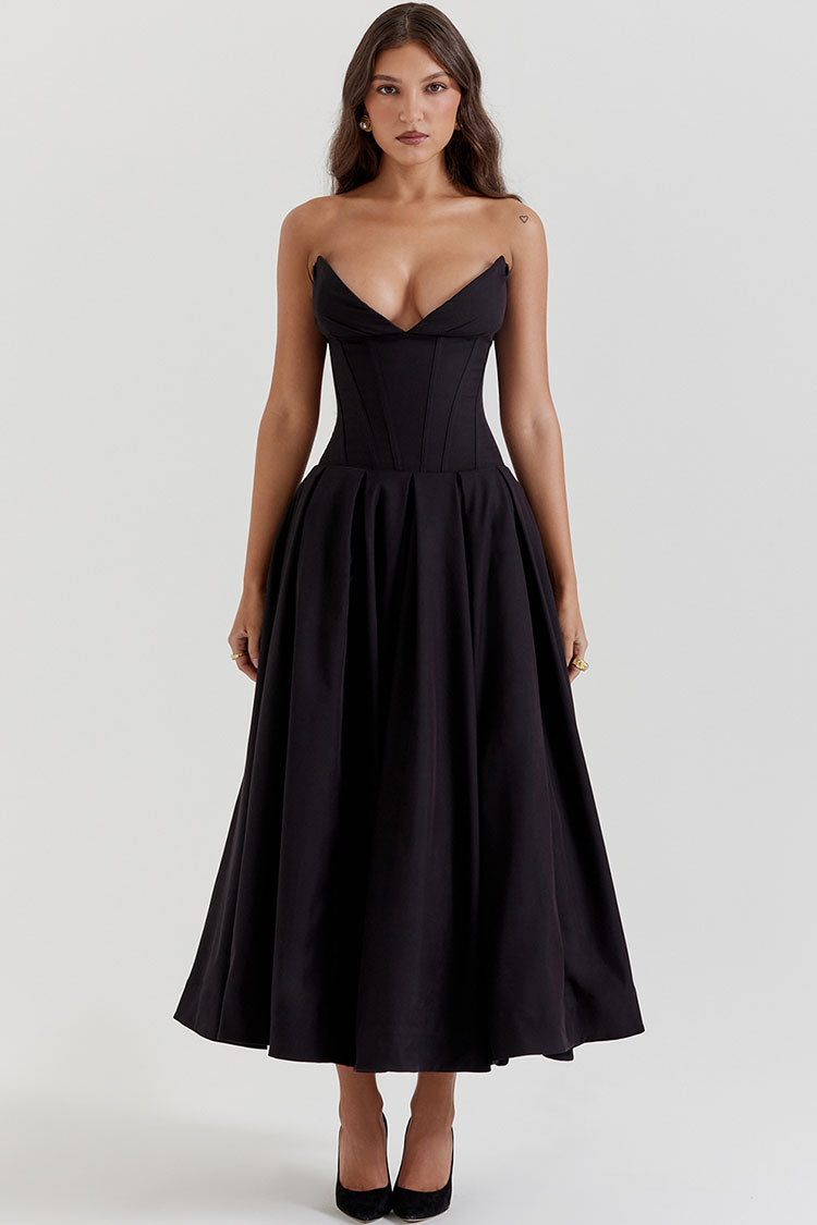 Sexy V Neck Strapless Fit & Flare Pleated Corset Cocktail Party Midi Dress - Black