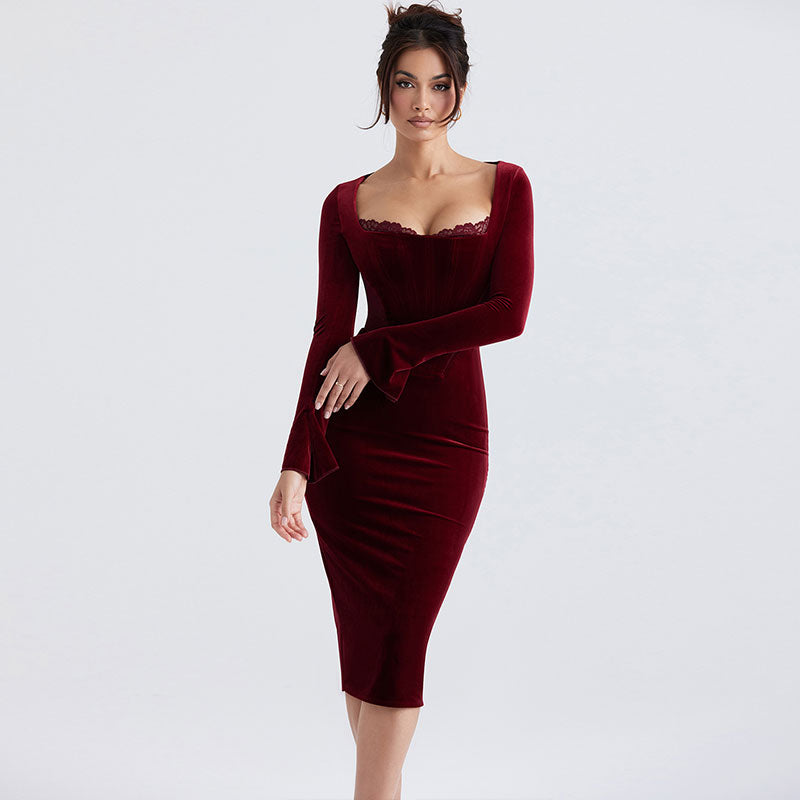 Velvet Lace-Trim Square Neck Long Sleeve Corset Bodycon Midi Dress