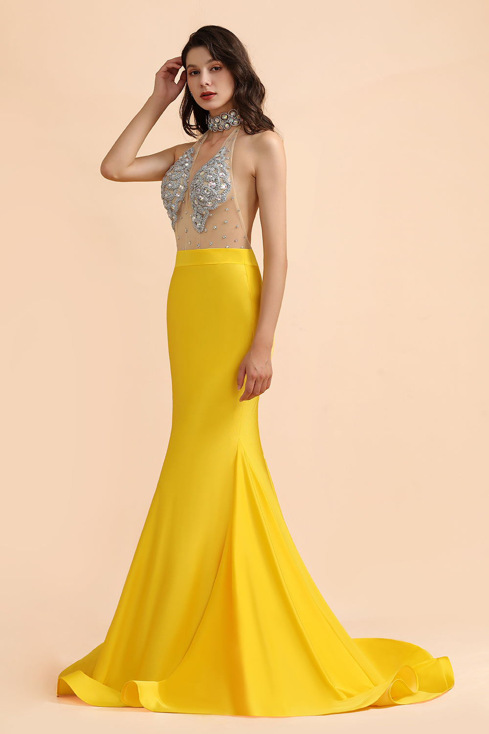 Sexy Yellow Halter Backless Prom Dress Long Mermaid With Crystals - Fashionpara
