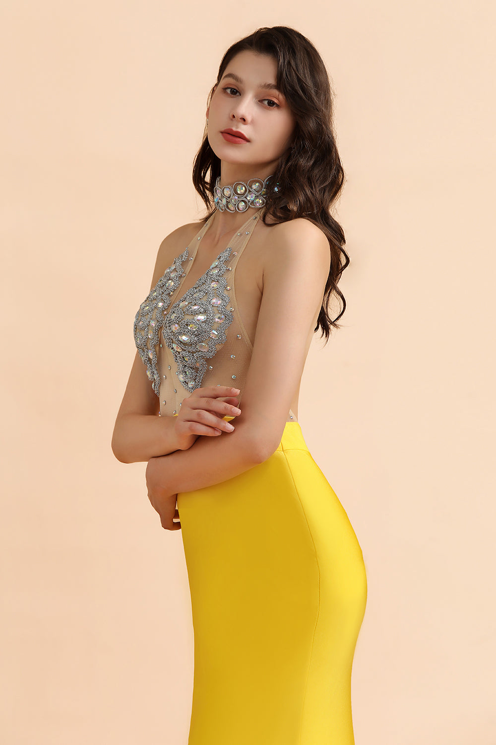 Sexy Yellow Halter Backless Prom Dress Long Mermaid With Crystals - Fashionpara
