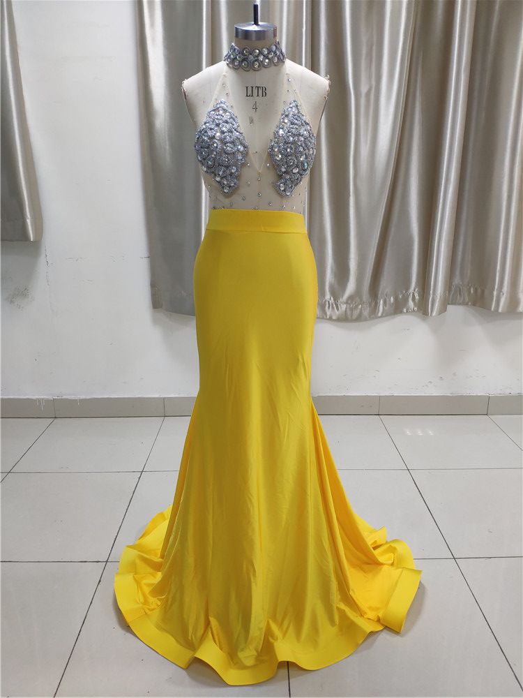 Sexy Yellow High Neck Ruffle Prom Dress Affordable with Backless - Fashionpara