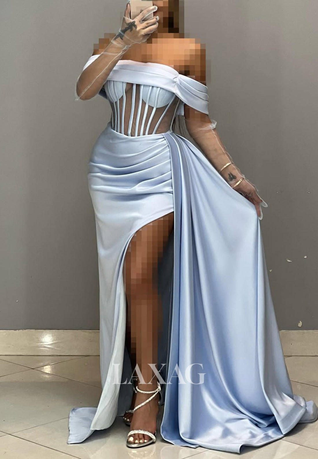 Tube Top Off-Shoulder Sleeveless Mermaid Prom Dress Pleated Satin Party Gowns with Tulle Gloves