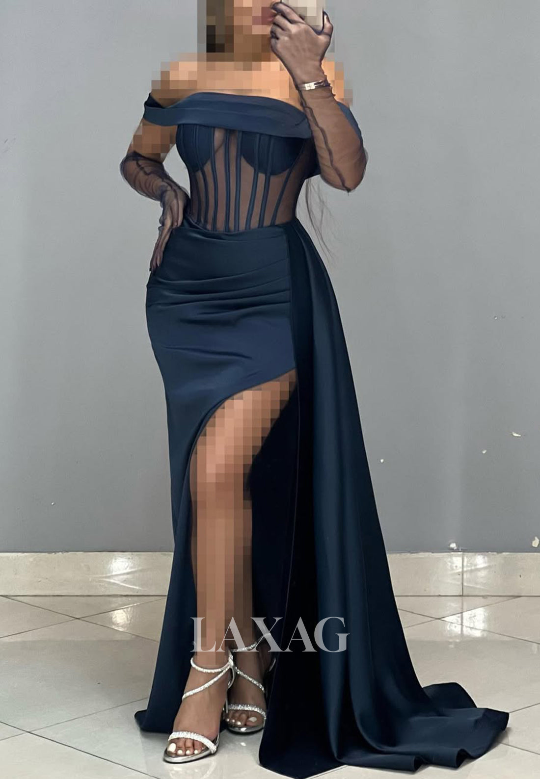 Tube Top Off-Shoulder Sleeveless Mermaid Prom Dress Pleated Satin Party Gowns with Tulle Gloves