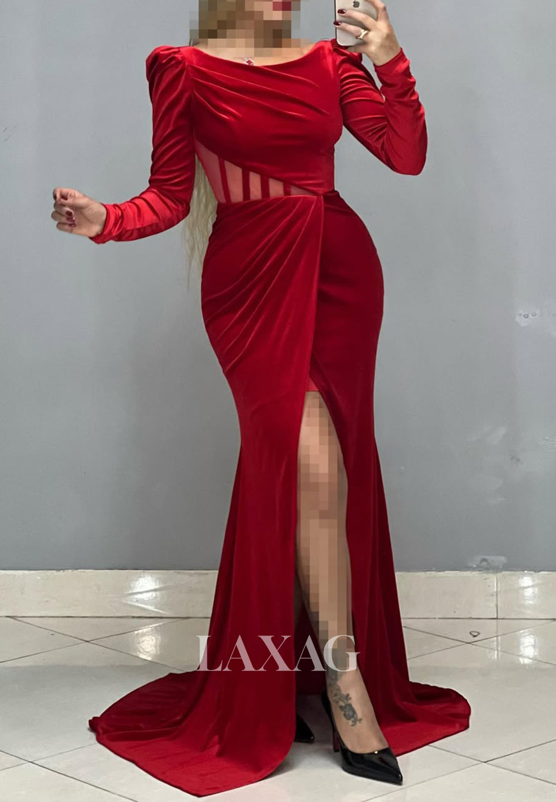 Scoop-Neck Long Sleeves Evening Gowns Pleated Sweep Train Mermaid Prom Dress with High Slit