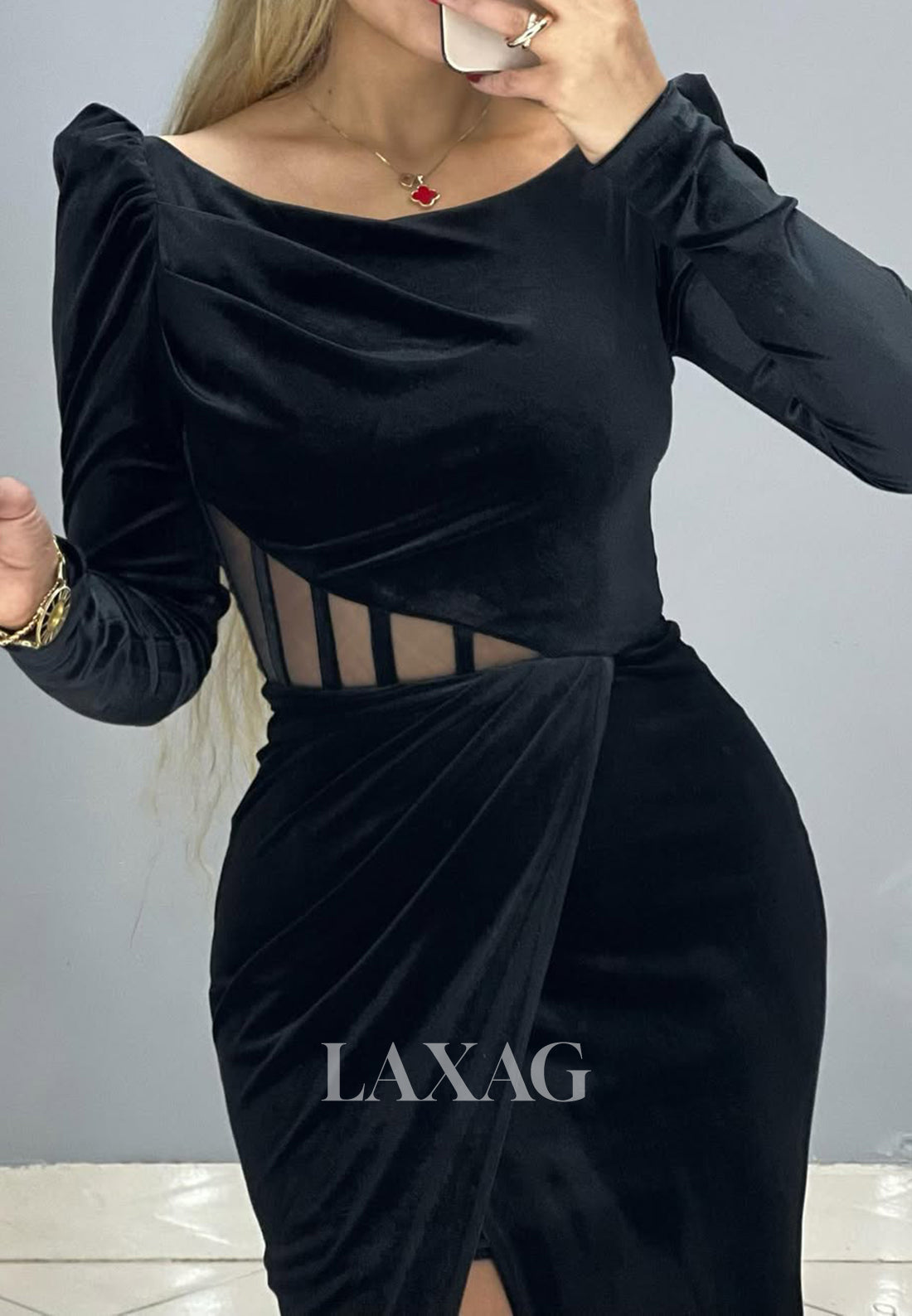 Scoop-Neck Long Sleeves Evening Gowns Pleated Sweep Train Mermaid Prom Dress with High Slit