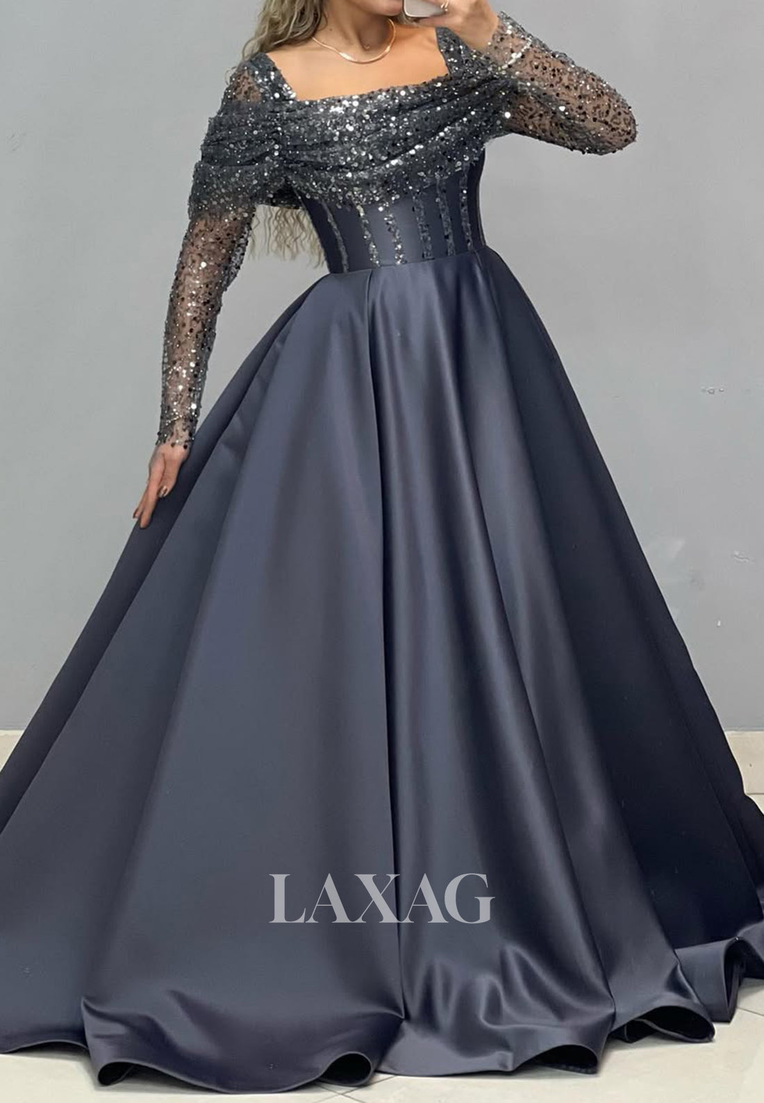 Square-Neck Long Sleeves Sheer A-Line Prom Dress Beaded Sequined Pleated Satin Evening Gowns