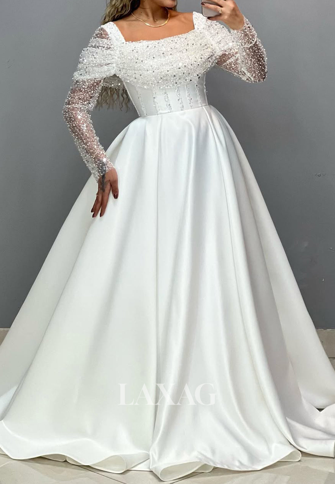 Square-Neck Long Sleeves Sheer A-Line Prom Dress Beaded Sequined Pleated Satin Evening Gowns