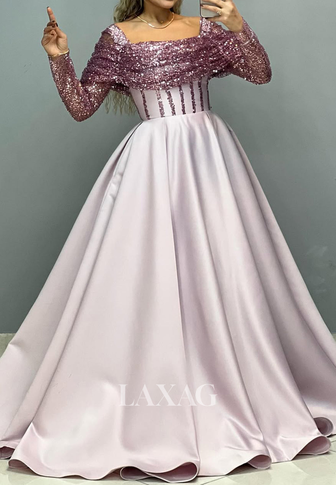 Square-Neck Long Sleeves Sheer A-Line Prom Dress Beaded Sequined Pleated Satin Evening Gowns
