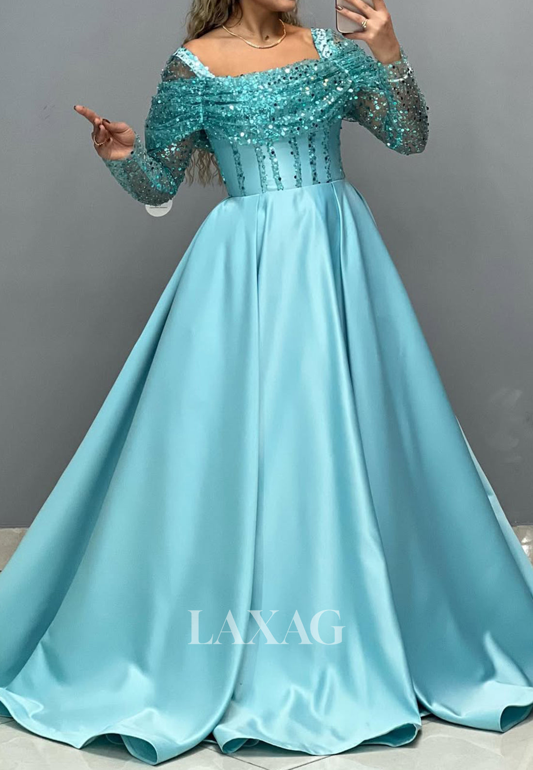 Square-Neck Long Sleeves Sheer A-Line Prom Dress Beaded Sequined Pleated Satin Evening Gowns