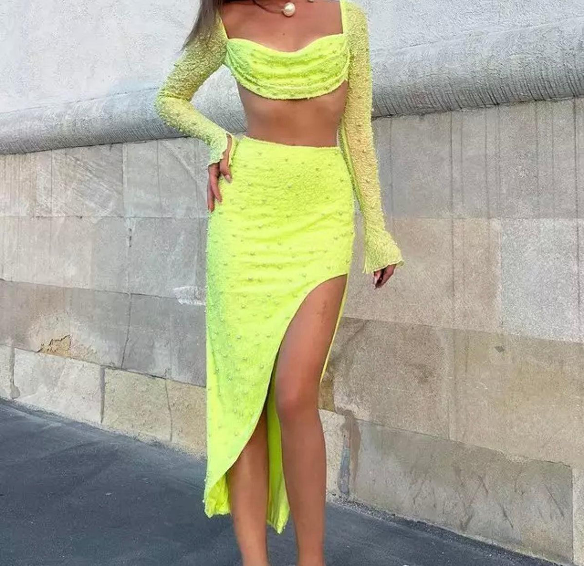 KittenAlarm - Shayne Solid Beaded Long Sleeve Crop Top & Asymmetric Hem Skirt Set