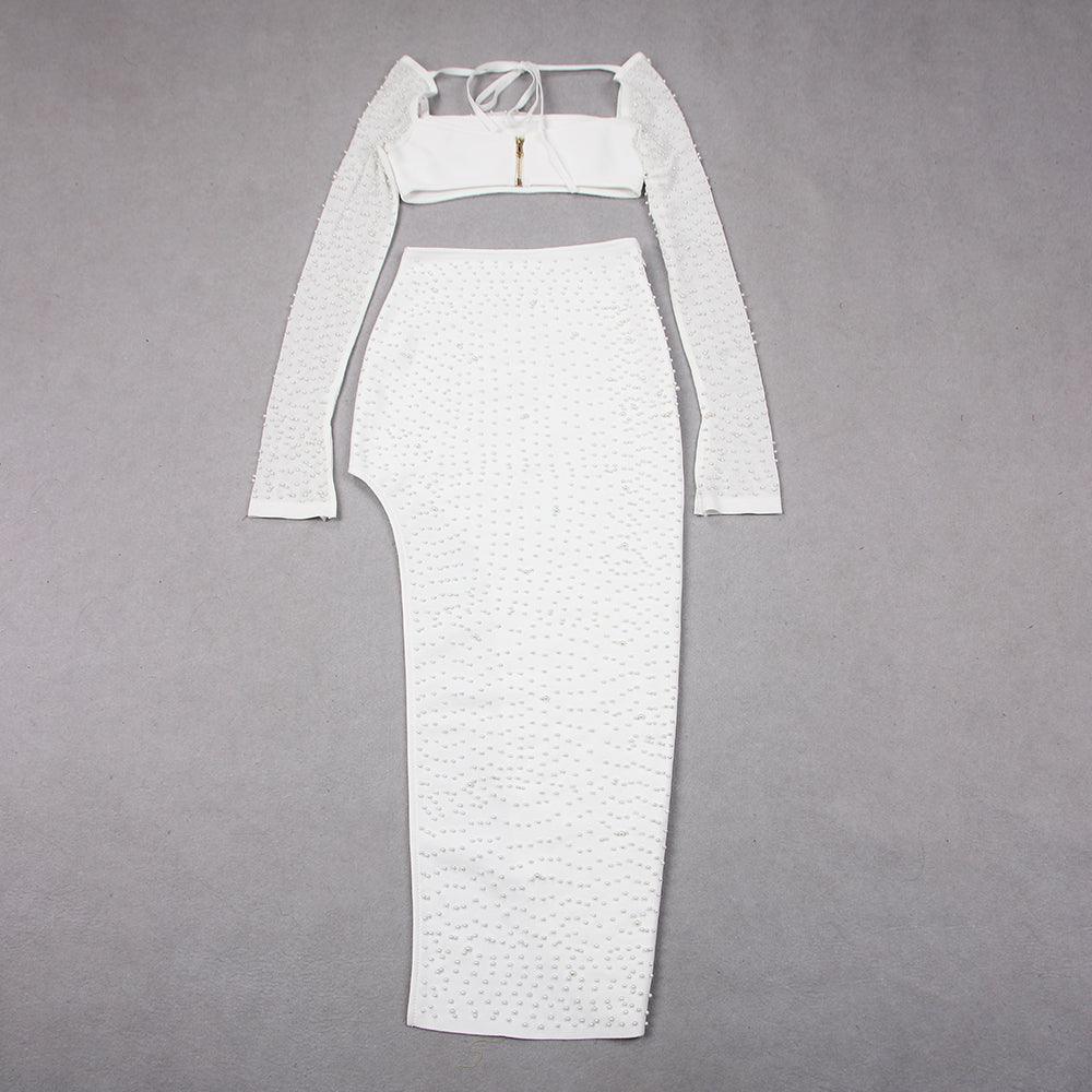 KittenAlarm - Shayne Solid Beaded Long Sleeve Crop Top & Asymmetric Hem Skirt Set