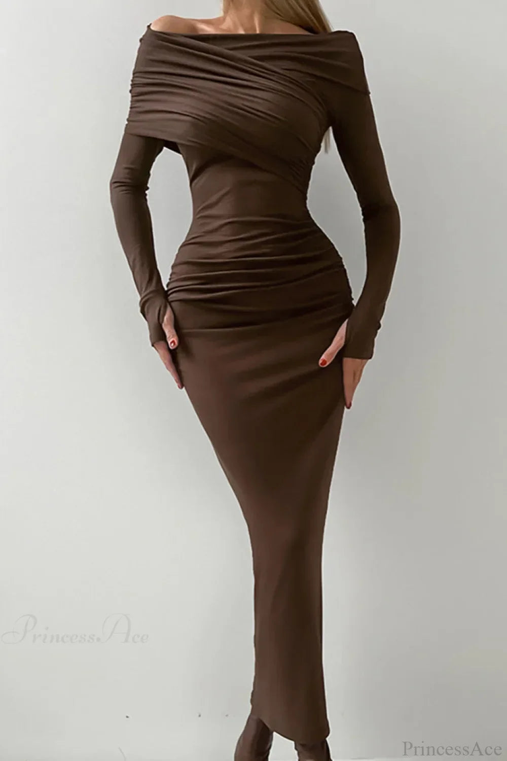 Off Shoulder Ruched Long Sleeve Bodycon Maxi Dress