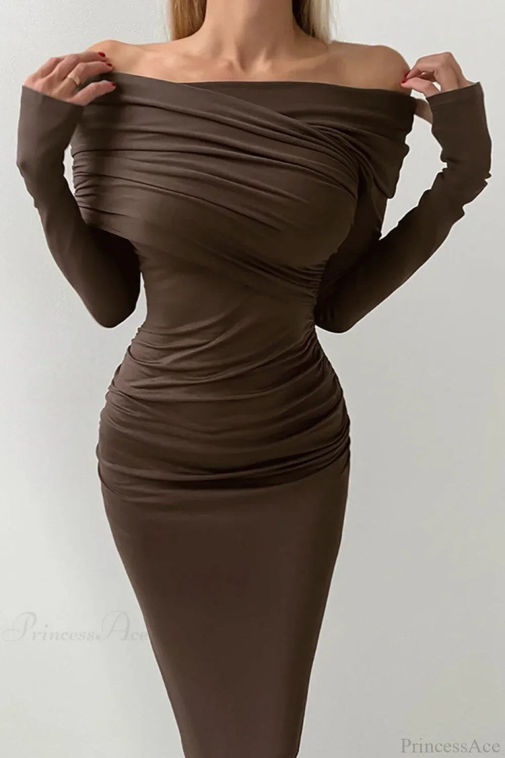 Off Shoulder Ruched Long Sleeve Bodycon Maxi Dress