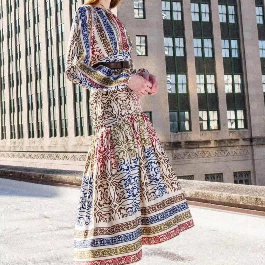 Ornate Print V-Neck Puff Sleeve Tiered Maxi Dress