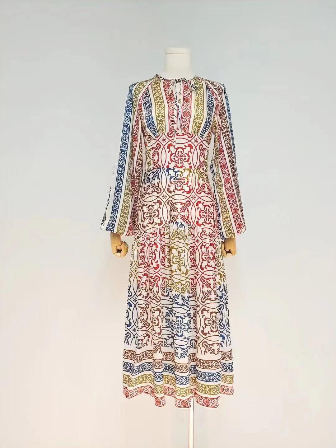 Ornate Print V-Neck Puff Sleeve Tiered Maxi Dress