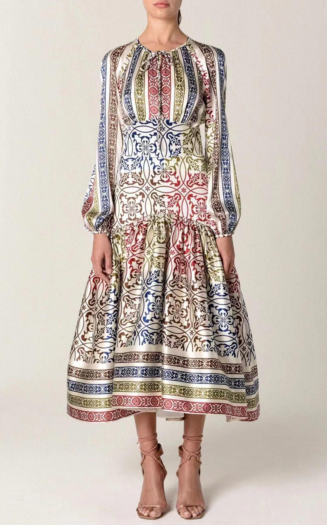 Ornate Print V-Neck Puff Sleeve Tiered Maxi Dress