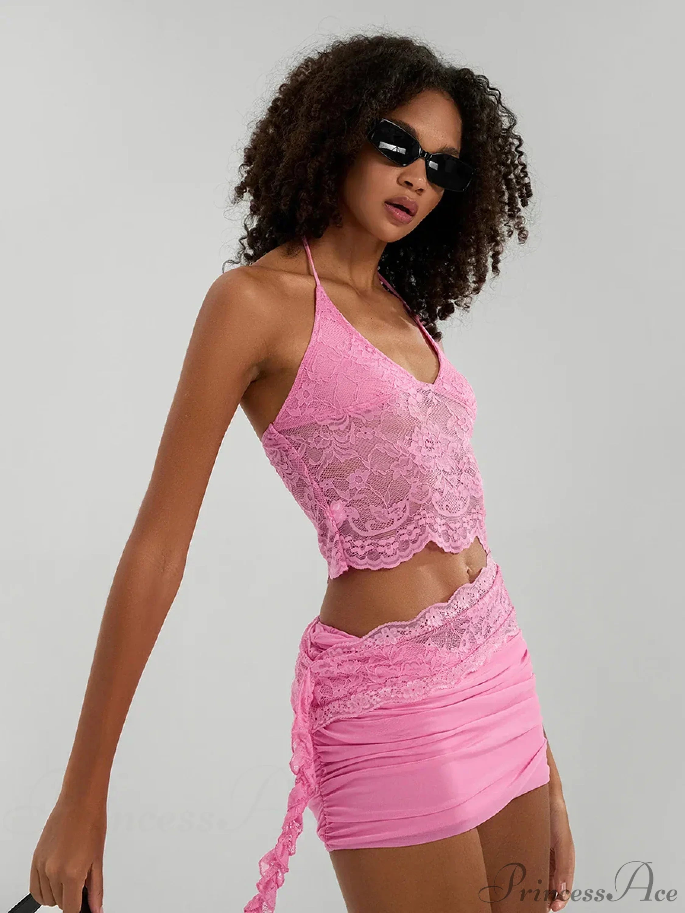 Sheer Lace Halter Crop Top Asymmetric Skirt Outfit