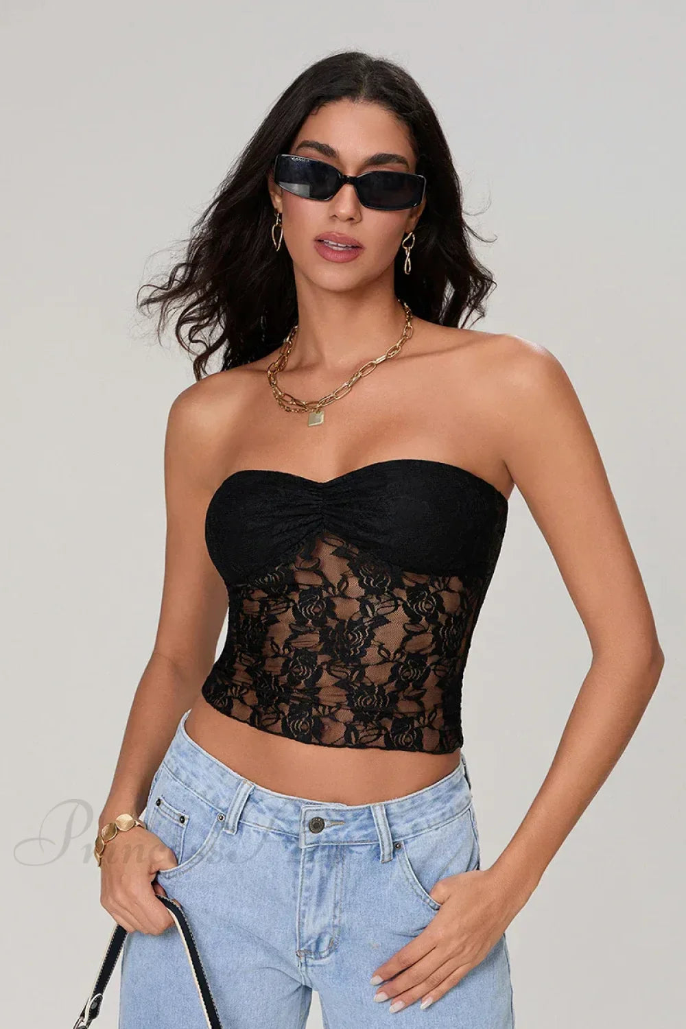 Sheer Lace Off-shoulder Strapless Low Cut Bandeau Top - Fashionpara