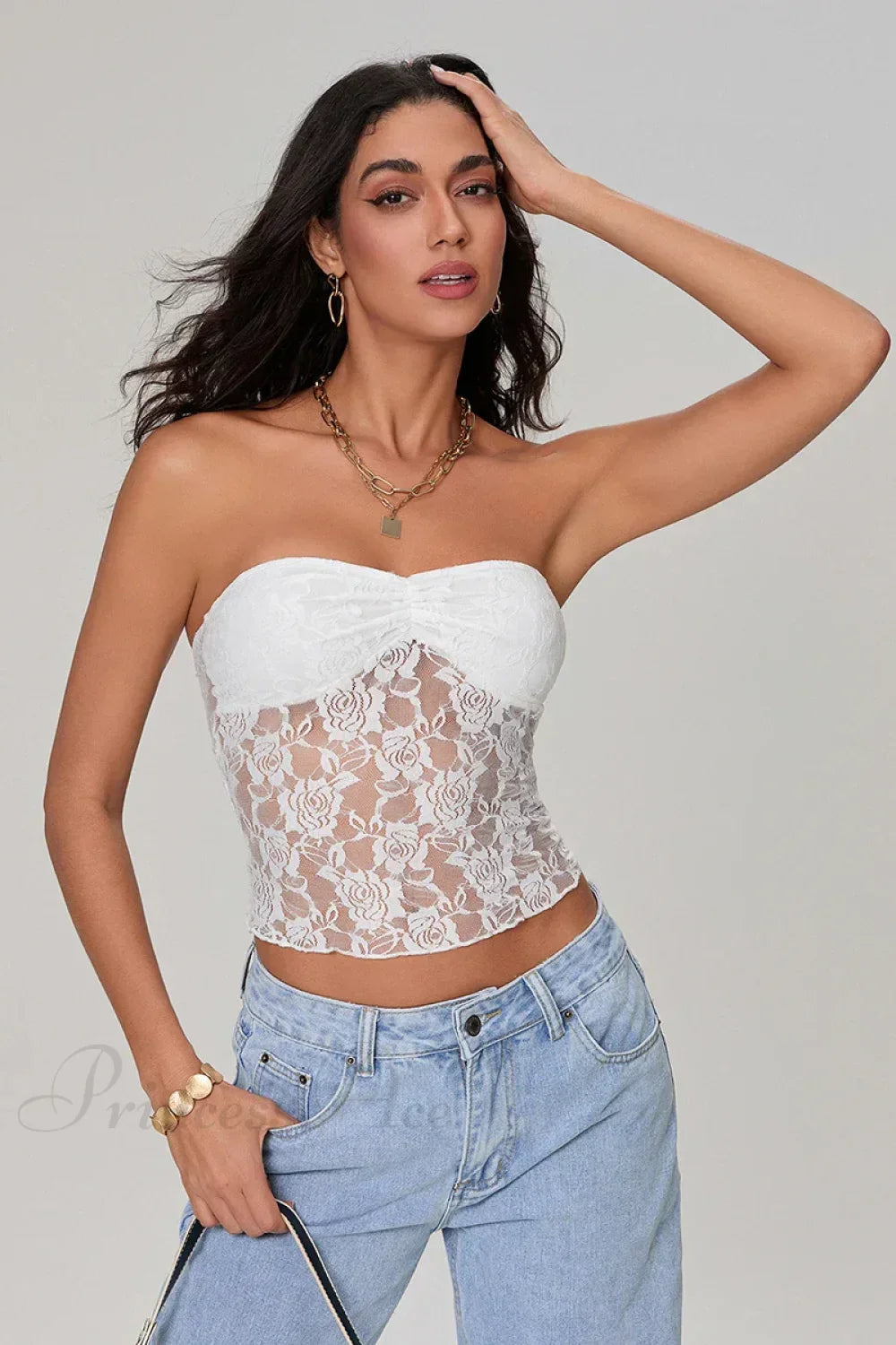 Sheer Lace Off-shoulder Strapless Low Cut Bandeau Top - Fashionpara