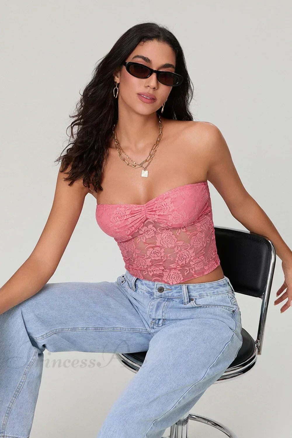 Sheer Lace Off-shoulder Strapless Low Cut Bandeau Top - Fashionpara