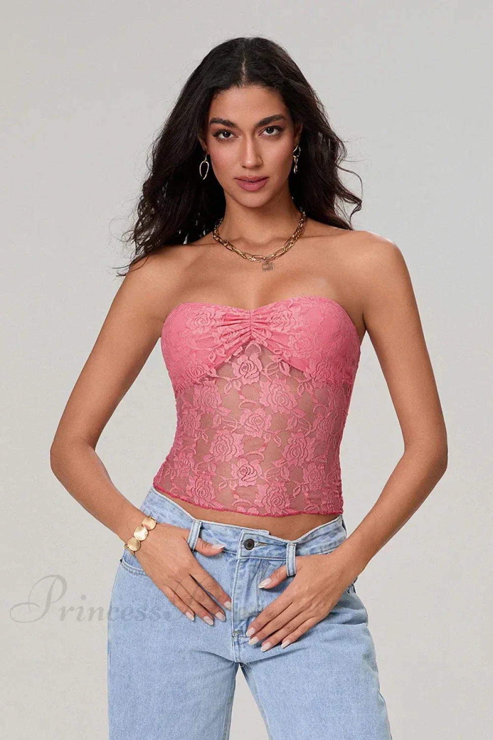 Sheer Lace Off-shoulder Strapless Low Cut Bandeau Top - Fashionpara