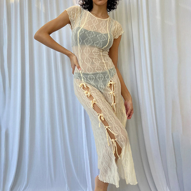Sheer Lace Crew Neck Cap Sleeve Bow Detail Maxi Dress