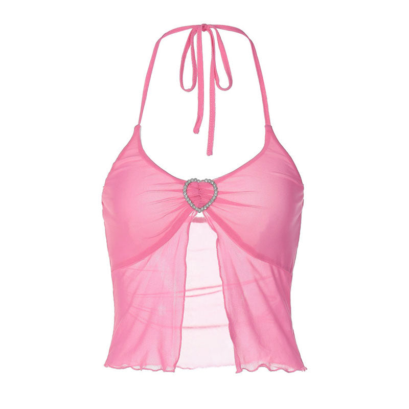 Sheer Mesh Solid Color Crystal Heart Split Detail Halter Crop Top - Pink - Fashionpara