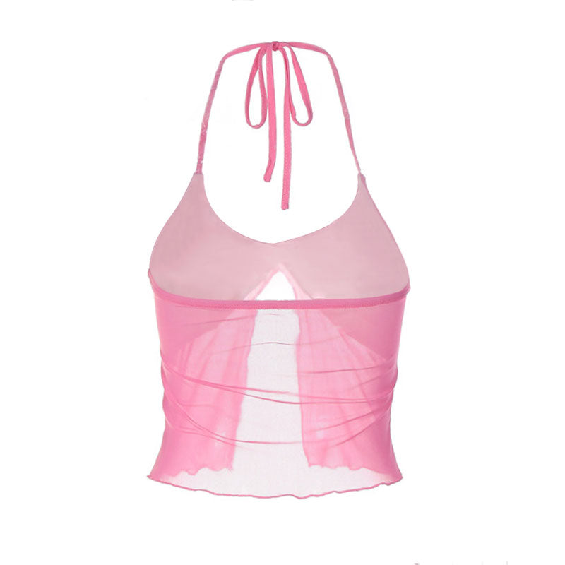 Sheer Mesh Solid Color Crystal Heart Split Detail Halter Crop Top - Pink - Fashionpara