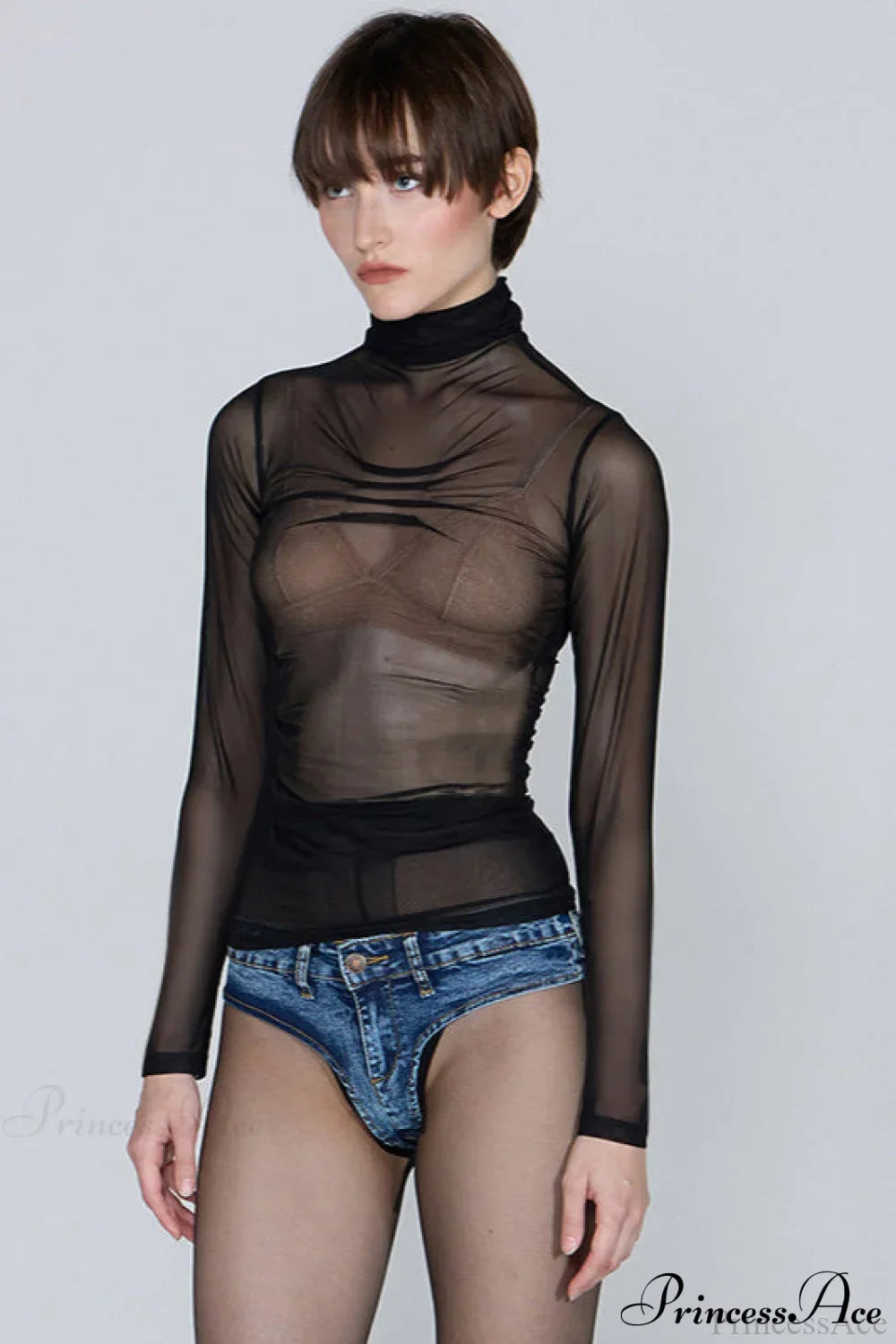 Sheer Solid Turtleneck Long Sleeve Tee