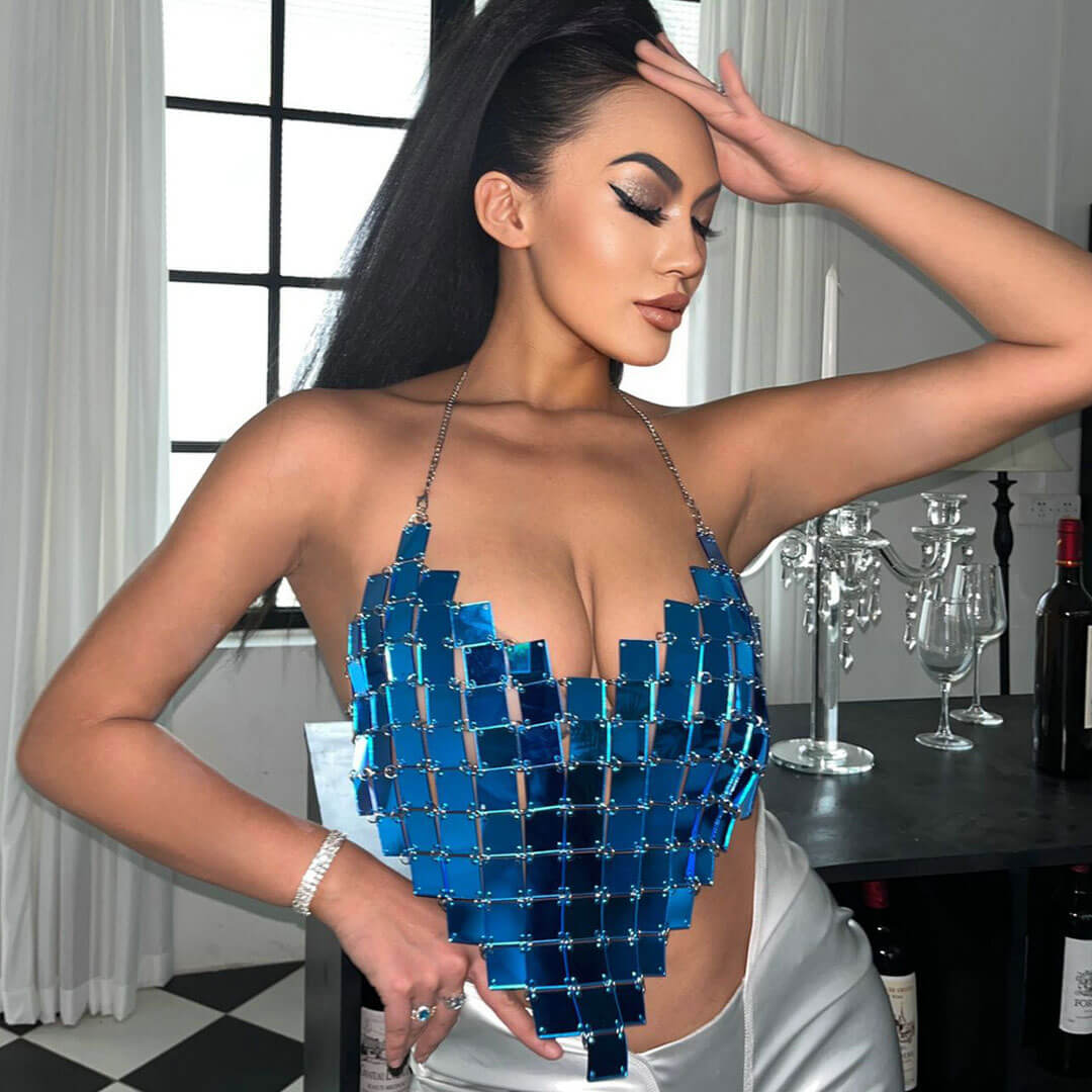 Shimmering Sequin Curved Hem Backless Chainmail Halter Crop Top - Royal Blue - Fashionpara