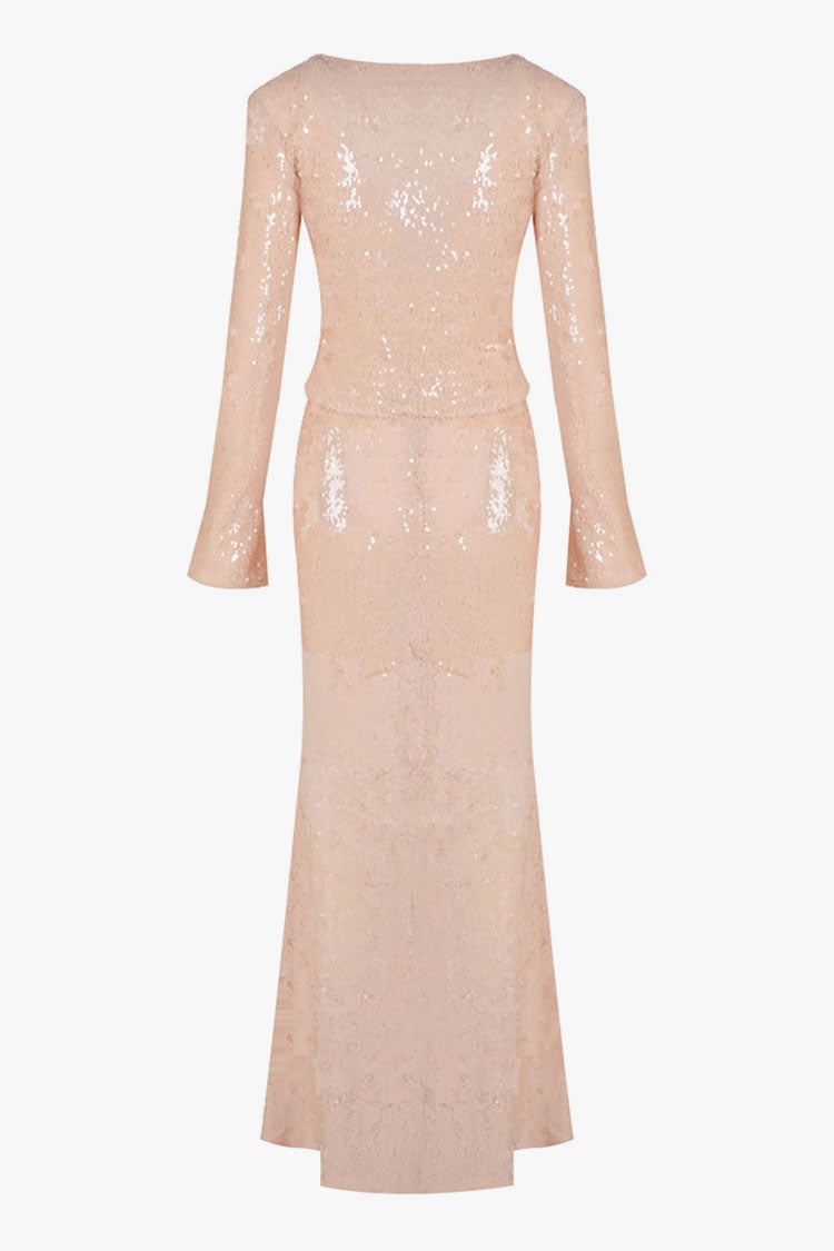 Shimmering Sequin Tie Front Jacket Fishtail Maxi Skirt Matching Set