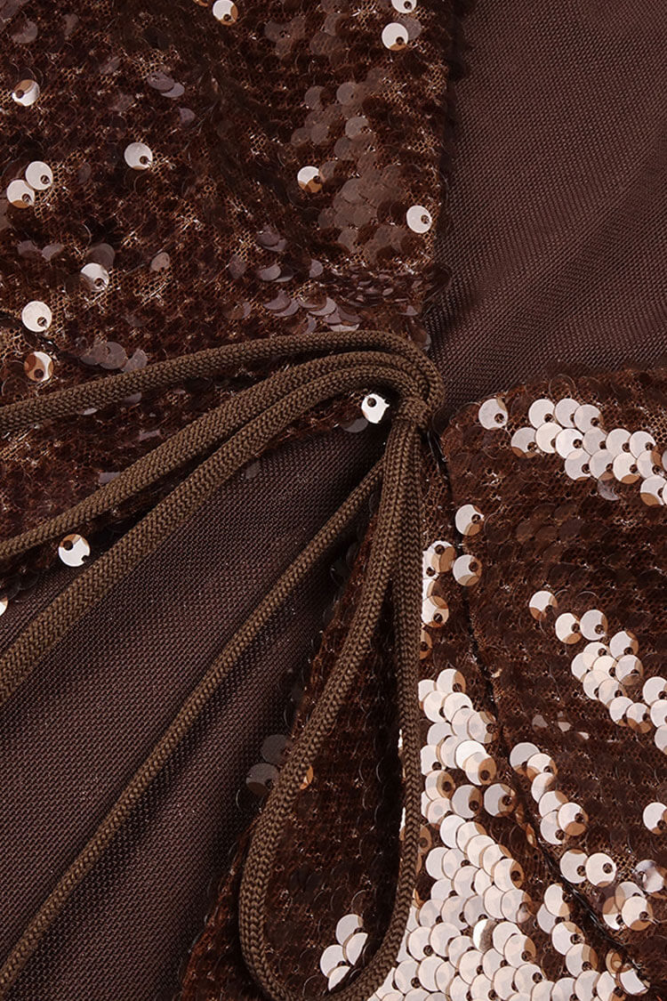 Shimmering Sequin Tie Front Jacket Fishtail Maxi Skirt Matching Set