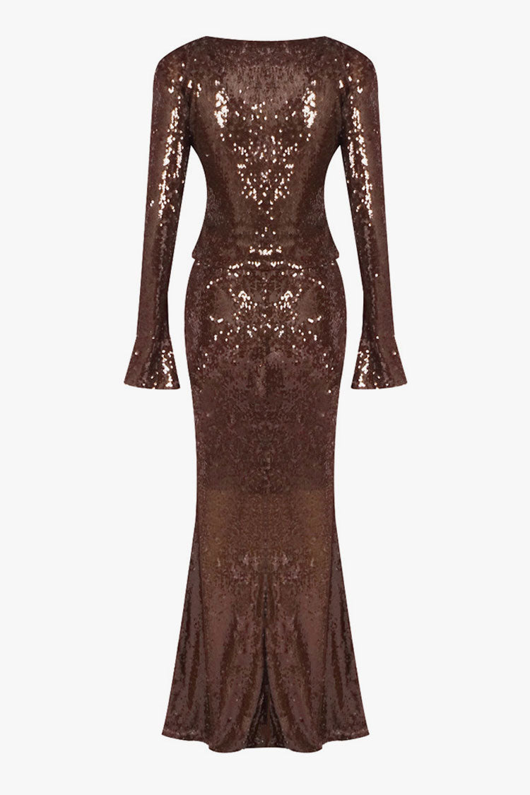 Shimmering Sequin Tie Front Jacket Fishtail Maxi Skirt Matching Set