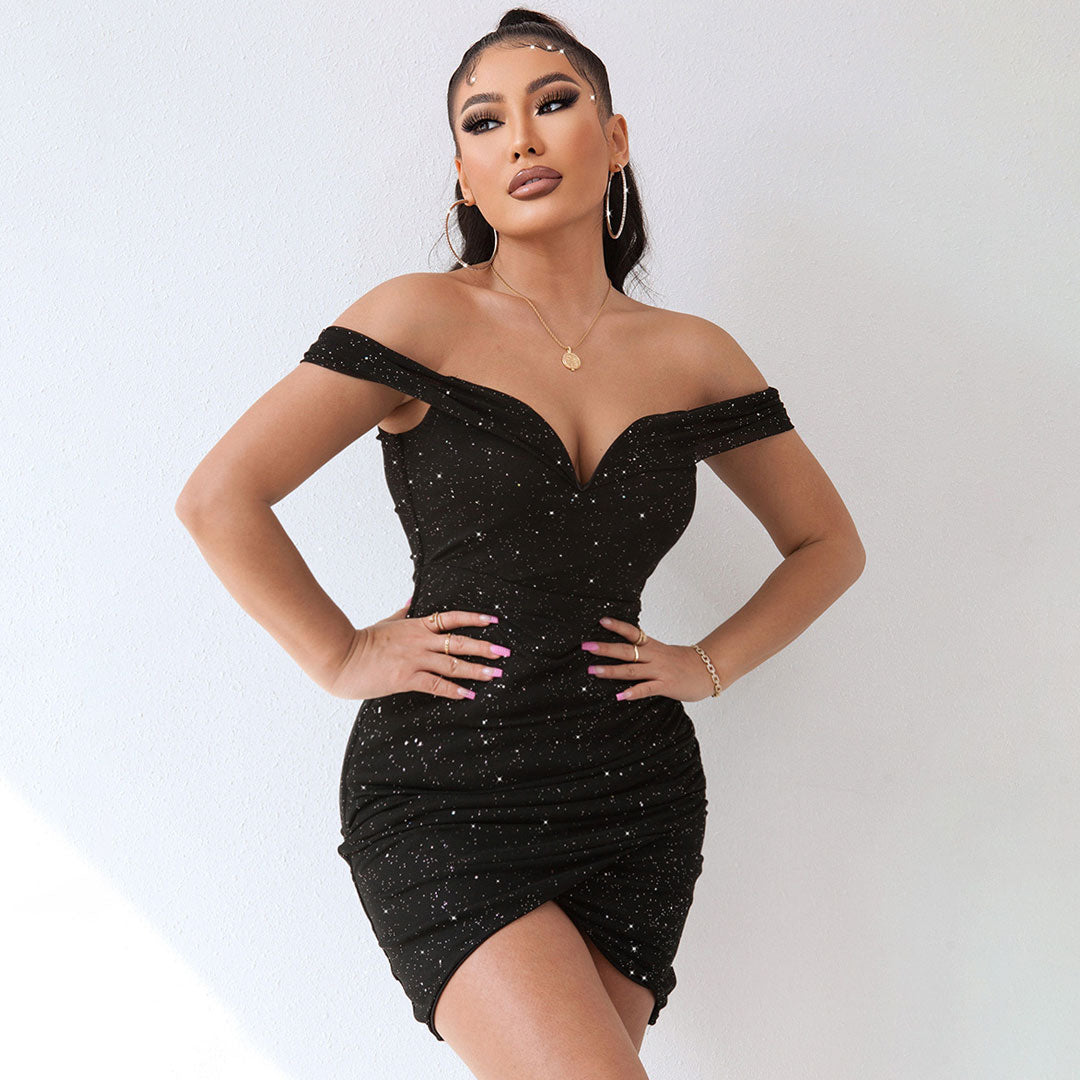 Glitter Off Shoulder Sweetheart Ruched Bodycon Mini Dress 3