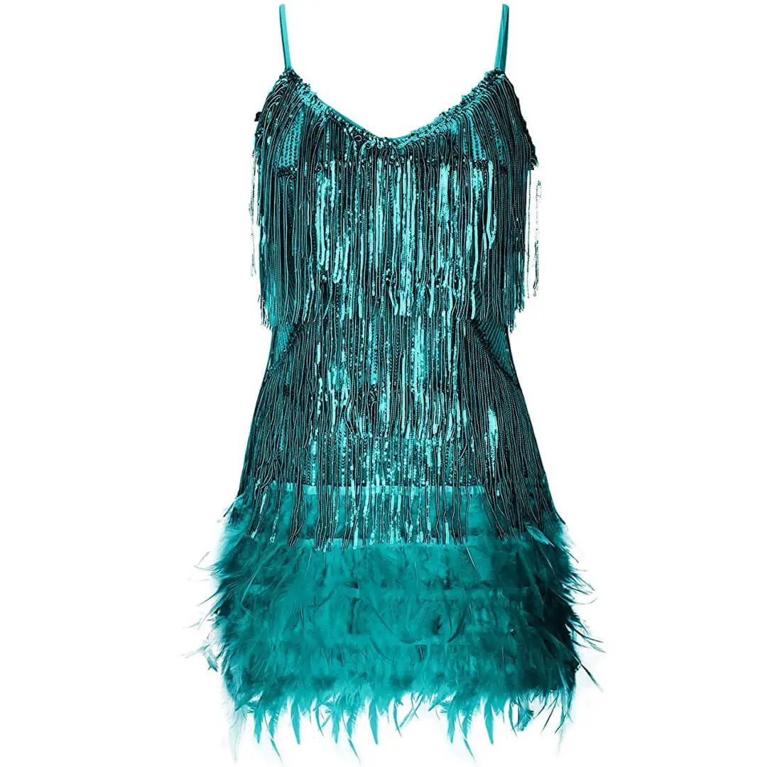 Shimmery Scoop Neck Sequin Fringe Feather Slip Flapper Mini Dress - Teal Green  Fashionpara