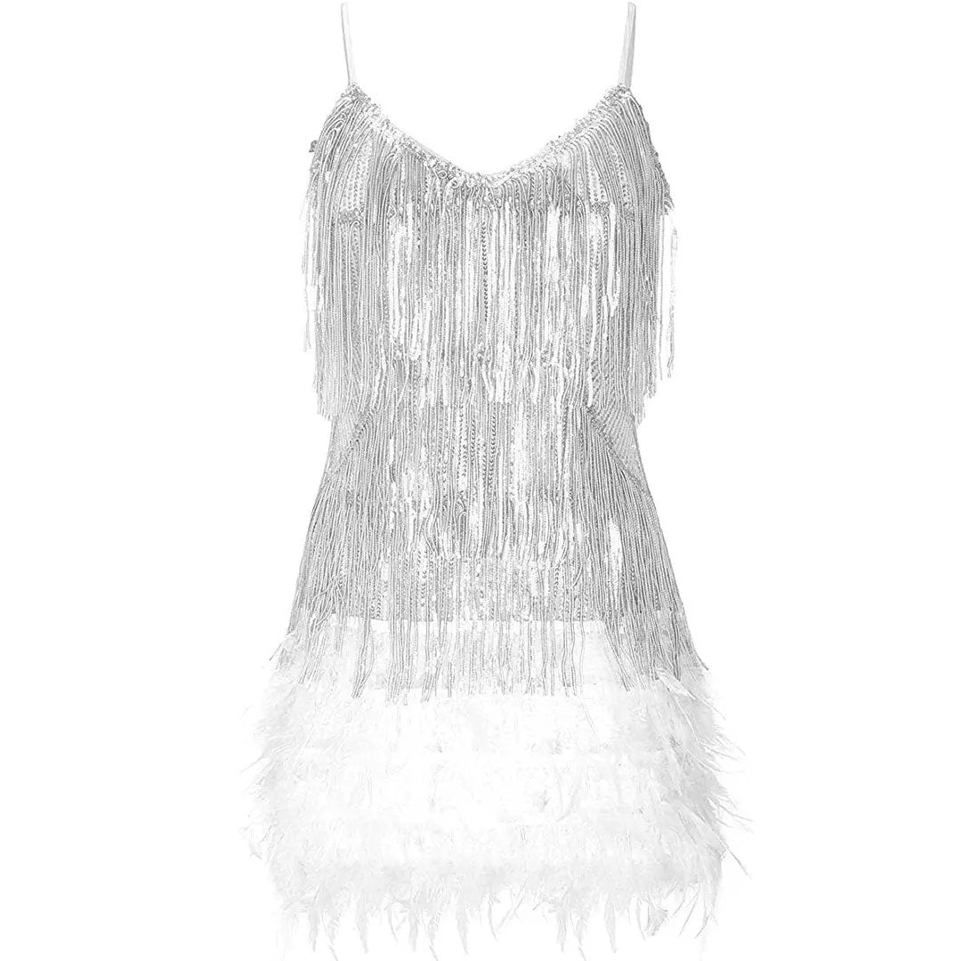 Shimmery Scoop Neck Sequin Fringe Feather Slip Flapper Mini Dress - White  Fashionpara