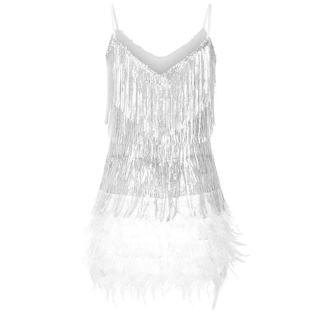 Shimmery Scoop Neck Sequin Fringe Feather Slip Flapper Mini Dress - White  Fashionpara