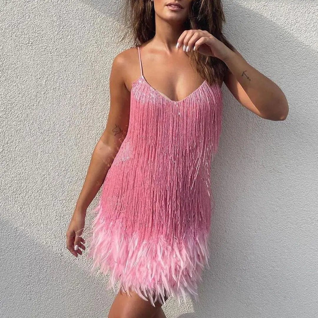 Shimmery Scoop Neck Sequin Fringe Feather Slip Flapper Mini Dress - Pink Fashionpara