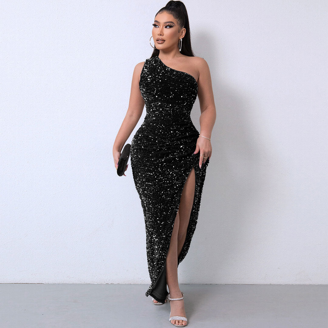 Sequin One Shoulder Ruched High Slit Evening Gown