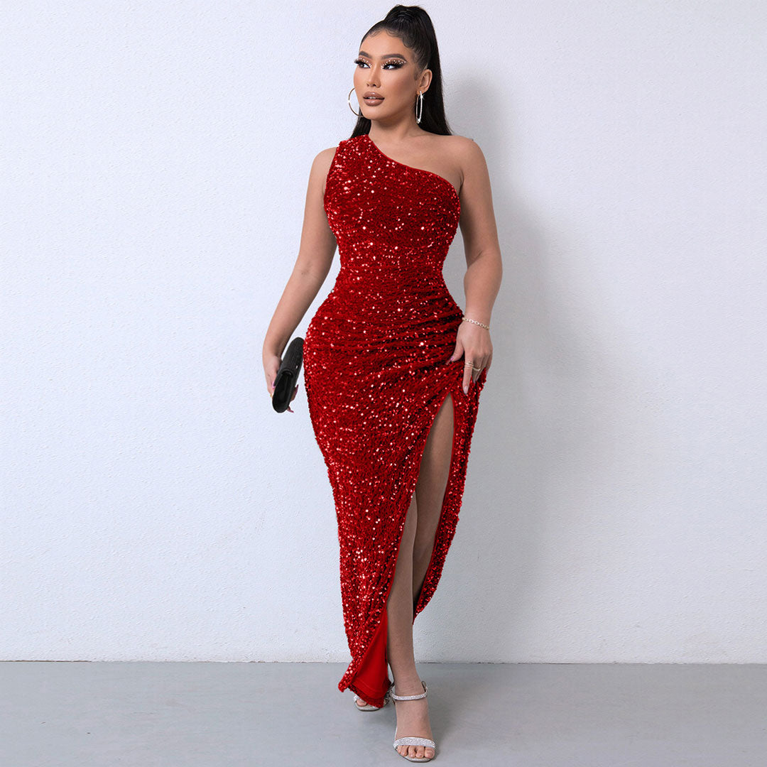 Sequin One Shoulder High Split Ruched Maxi Dress 2