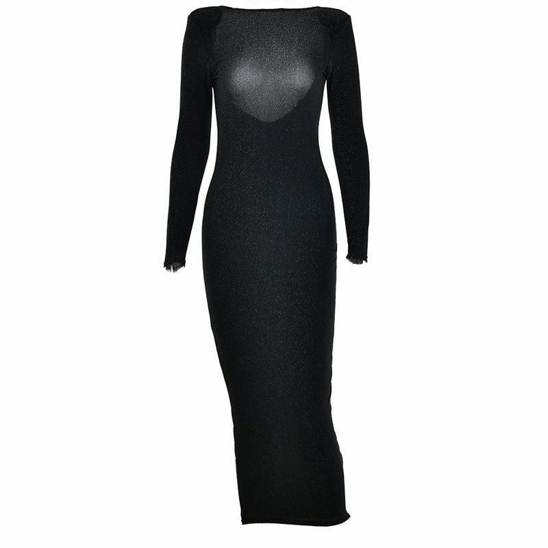 Shimmer Knit Boat Neck Long Sleeve Open Back Maxi Dress 3