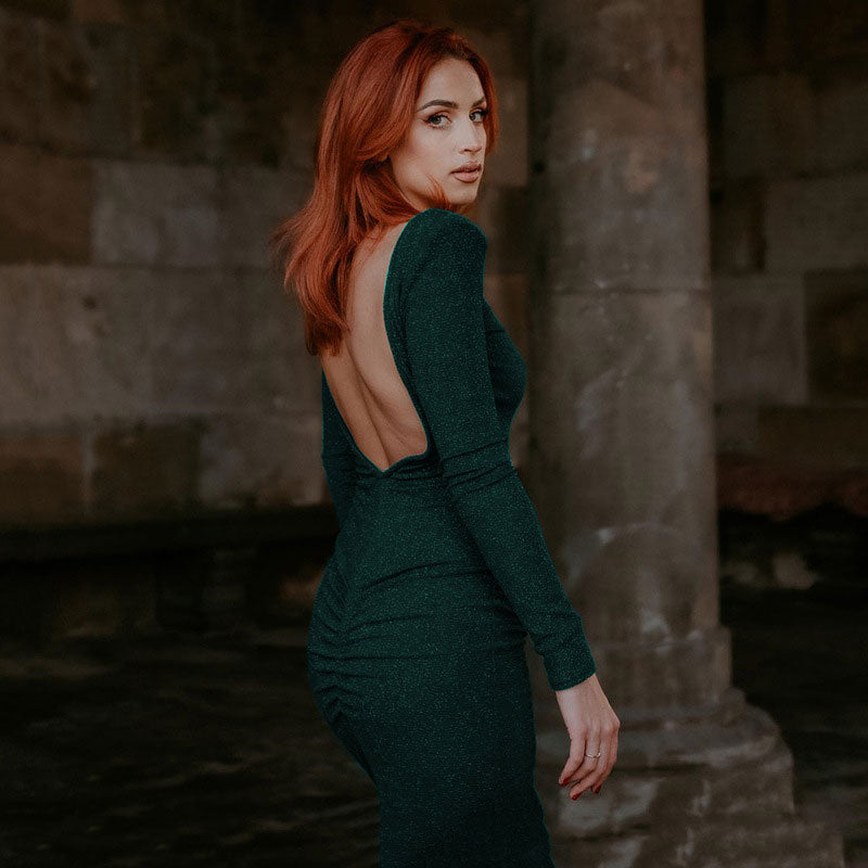 Long Sleeve Open Back Cocktail Midi Dress - Emerald Green - View 2
