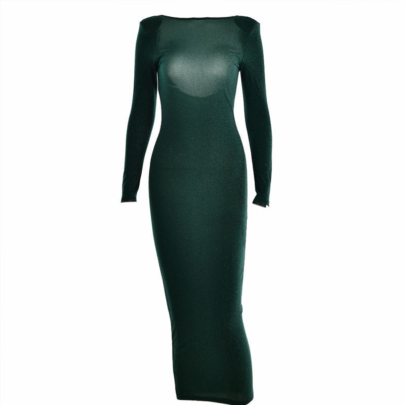 Long Sleeve Open Back Cocktail Midi Dress - Emerald Green - View 3