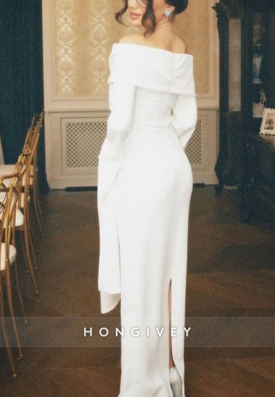 Off the Shoulder Column Long Sleeve Evening Formal Dresses